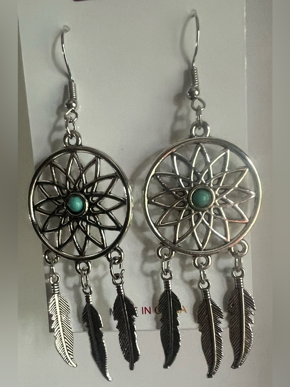 Silver Dreamcatcher Dangle Earrings with Turquoise Accent